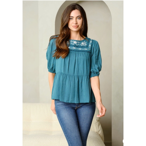 LAST 1❗️POLAGRAM Boho Chic Embroidered Teal Short Sleeves Top - Picture 4 of 5